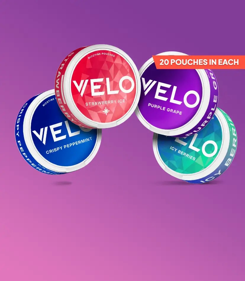 Velo snus pouches in various flavors on a purple background